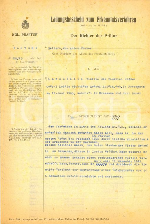 1923 CALDARO / BRESSANA Mandato comparizione all'imputato Tiberio LANZEROTTO