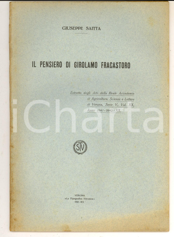 1942 Giuseppe SAITTA Il pensiero di Girolamo Fracastoro *Invio autografo