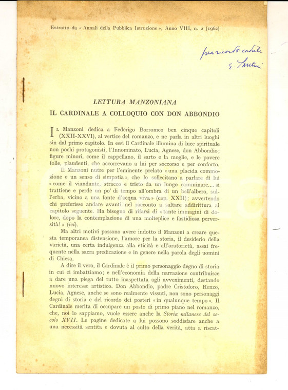 1962 Emilio SANTINI Lettura manzoniana: il cadinale con don Abbondio *AUTOGRAFO
