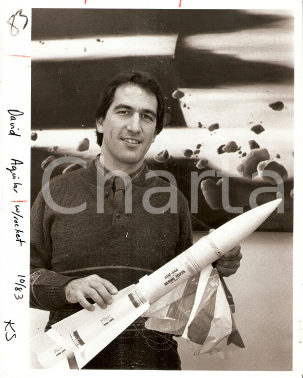 1980 ca TELEVISION David A. AGUILAR with scale model of AIM-54A rocket *Photo
