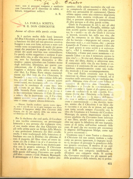 1954 LO SPETTATORE ITALIANO Parola scritta e don Chisciotte *Americo CASTRO
