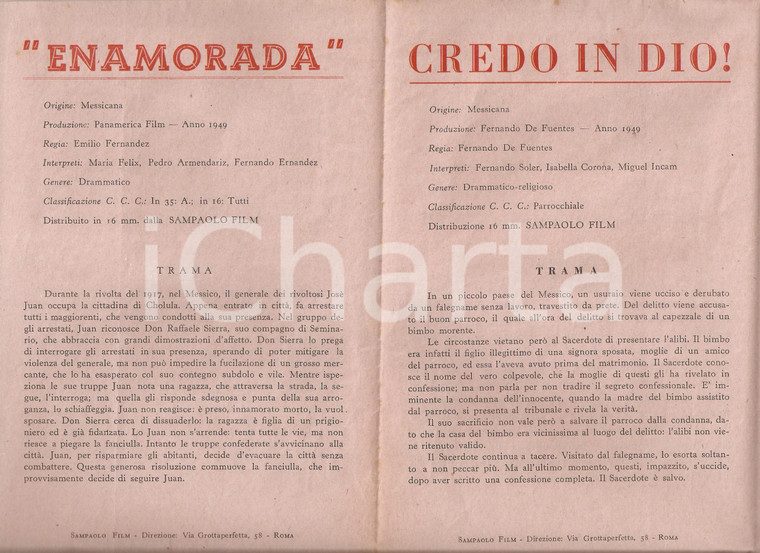 1949 SAMPAOLO FILM presenta ENAMORADA Credo in Dio VAGABONDO DELLA STEPPA *16x23