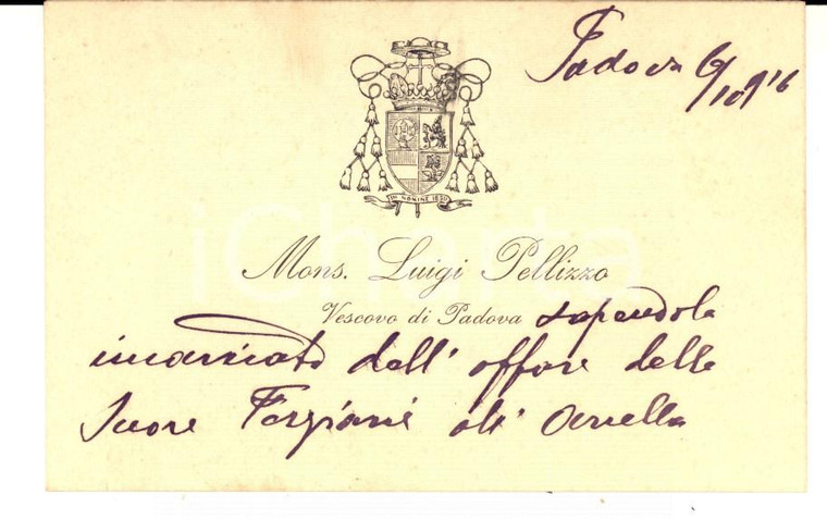 1916 PADOVA Mons. Luigi PELLIZZO vescovo *Biglietto da visita autografo
