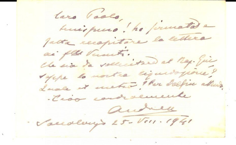1941 PADOVA Avv. Andrea de' BESI Biglietto da visita - Messaggio autografo