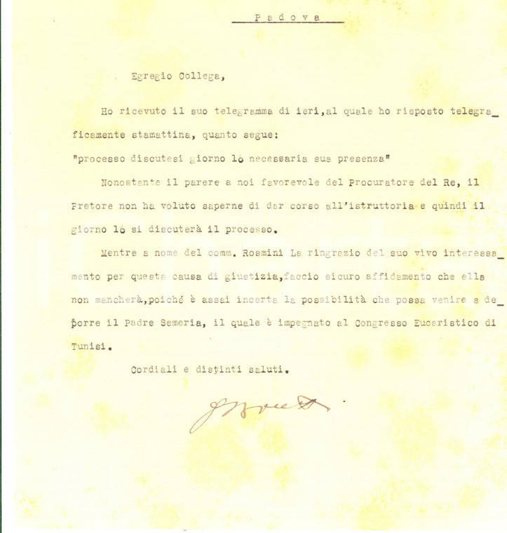 1930 GENOVA Avv. Gaetano BONETTI - Lettera per causa Gino ROSMINI *Autografo