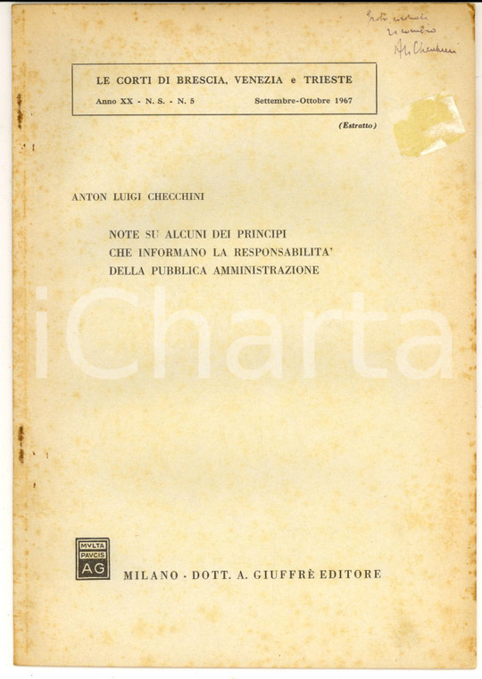 1967 Anton Luigi CHECCHINI Responsabilità Pubblica Amministrazione *AUTOGRAFO
