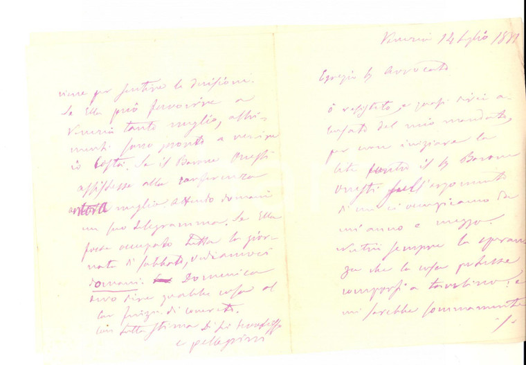 1881 VENEZIA Avv. Clemente PELLEGRINI contro le lungaggini di una causa *Lettera