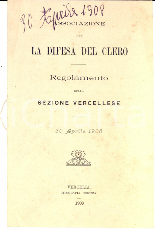 1908 VERCELLI Associazione difesa del clero - Regolamento sezione vercellese