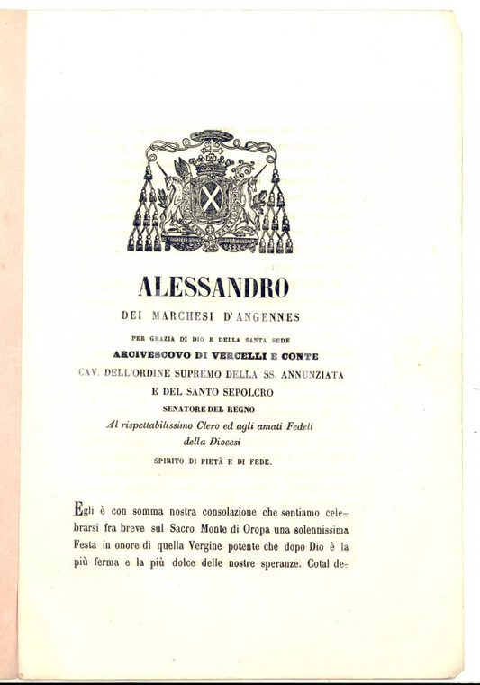 1858 VERCELLI Mons. Alessandro D'ANGENNES Feste al santuario di Oropa 4 pp.