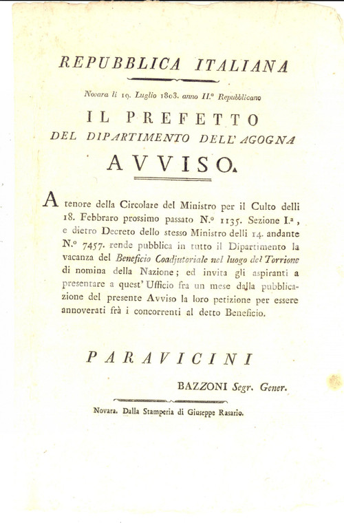1803 REPUBBLICA ITALIANA NOVARA Vacanza beneficio del TORRIONE *Manifesto