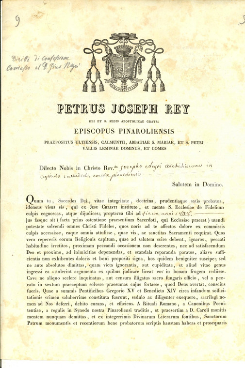 1828 PINEROLO Diritto di confessione concesso all'arcidiacono don Giuseppe NEGRI