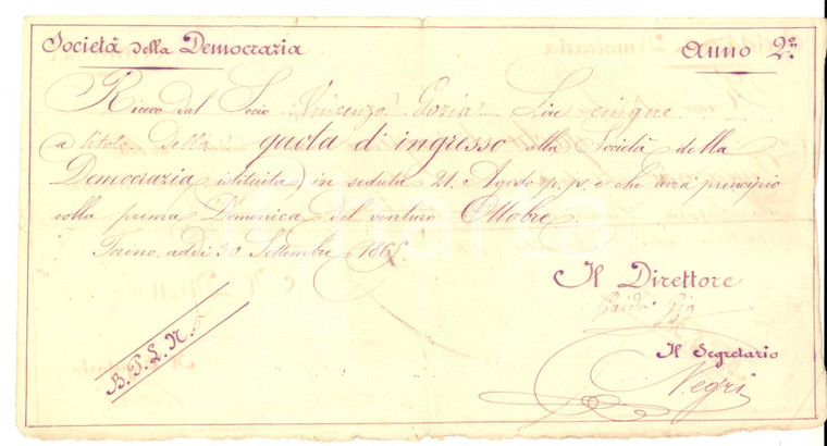 1865 TORINO SOCIETA' DELLA DEMOCRAZIA Ricevuta quota socio Vincenzo GORIA 