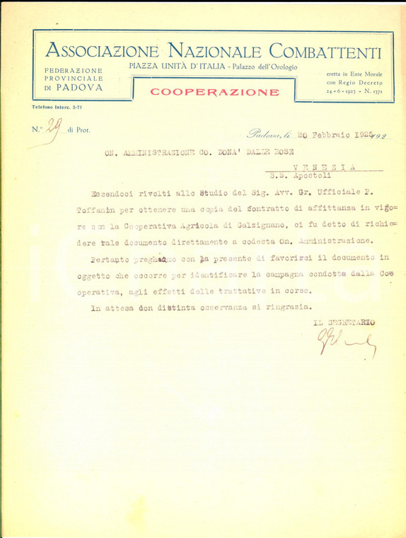 1925 PADOVA Associazione Nazionale Combattenti - Lettera per affitto cooperativa 