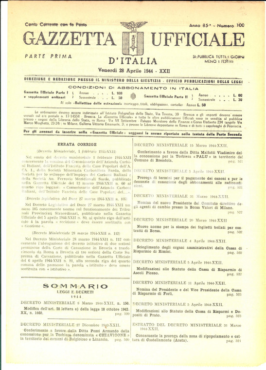 1944 GAZZETTA UFFICIALE RSI Concessioni delle torbiere CHIAVICONE e PALU