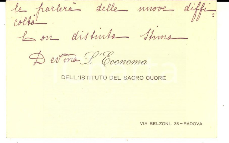 1916 PADOVA Istituto SACRO CUORE - Economa *Biglietto da visita manoscritto