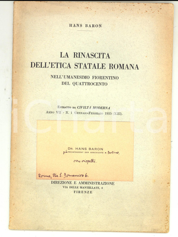 1935 Hans BARON La rinascita dell'etica statale romana nell'Umanesimo *AUTOGRAFO