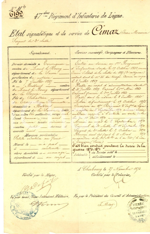 1873 CHERBOURG 47ème Rgt Infanterie - Etat signaletique de Jean Maurice CIMAZ