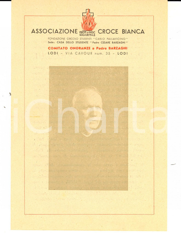1943 LODI CROCE BIANCA Volantino pro monumento a padre Cesare BARZAGHI