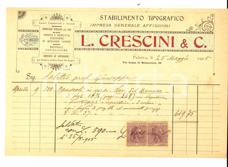 1905 PADOVA Stabilimento Tipografico Teatrale L. CRESCINI Fattura per opuscoli 