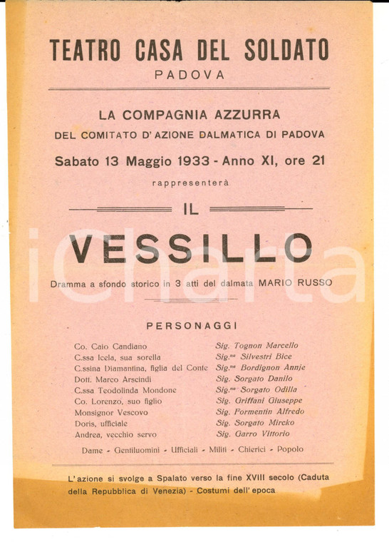 1933 PADOVA TEATRO CASA DEL SOLDATO Compagnia Azzurra - Il vessillo *Locandina 