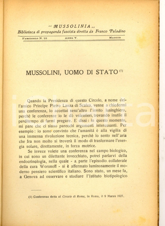 1927 Enrico FERRI Mussolini uomo di Stato - Ed. PALADINO MUSSOLINIA PROPAGANDA 