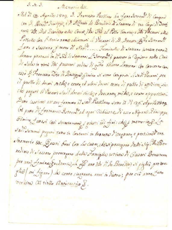 1809 SASSANO (SA) Memoria vendita terre don Francesco PESSOLANO - DE BENEDITTIS 