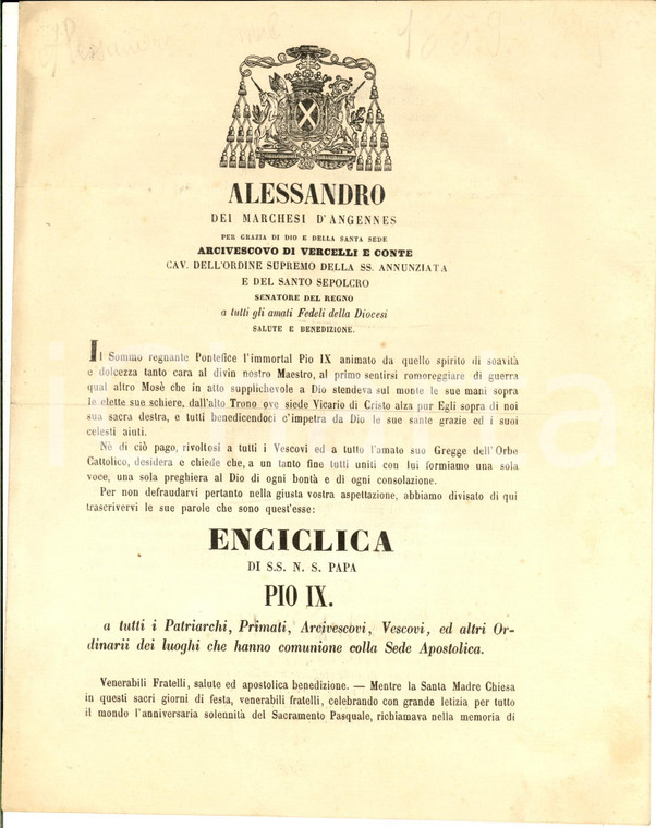 1859 VERCELLI Mons. Alessandro D'ANGENNES - Enciclica papa Pio IX per la Pasqua 
