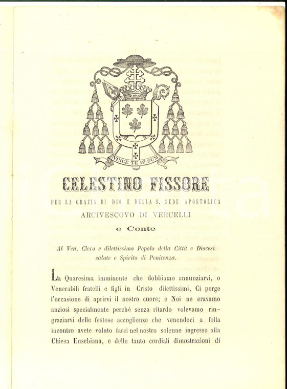 1872 VERCELLI Mons. Celestino FISSORE ai fedeli in preparazione alla Quaresima 