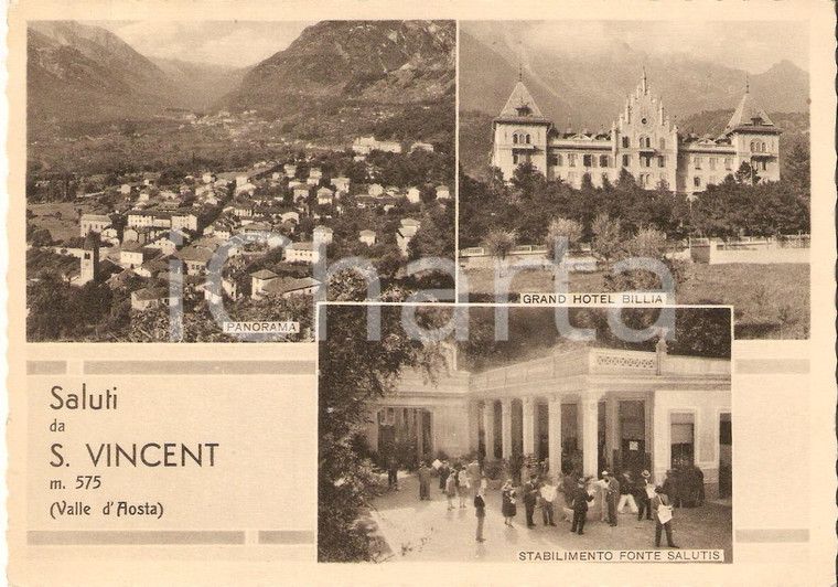 1935 SAINT VINCENT Vedutine con Grand Hotel BILLIA e fonte Salutis *Cartolina FG 