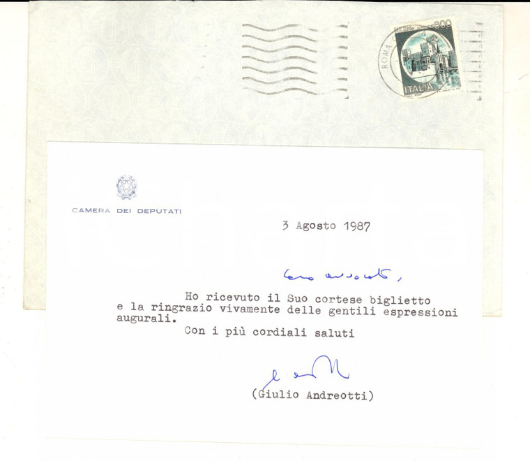 1987 ROMA Giulio ANDREOTTI ringrazia per auguri ricevuti *AUTOGRAFO 
