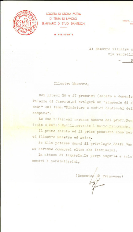 1971 CASERTA Società Storia Patria TERRA DI LAVORO Lettera Domenico DE FRANCESCO 