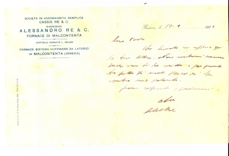 1922 PADOVA Lettera Società CASSIS RE & C. - Fornace di MALCONTENTA *Intestata 