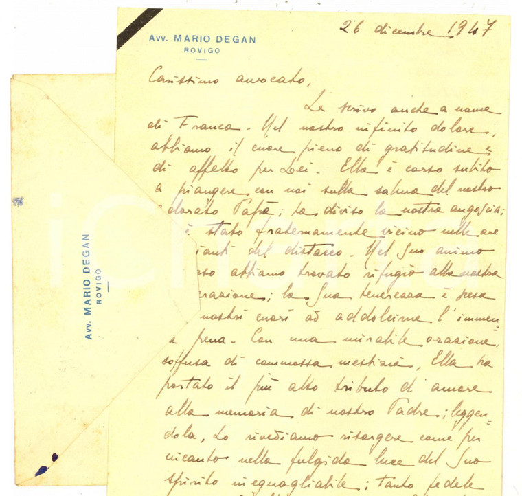 1947 ROVIGO Lettera avv. Mario DEGAN per condoglianze ricevute *Autografo 