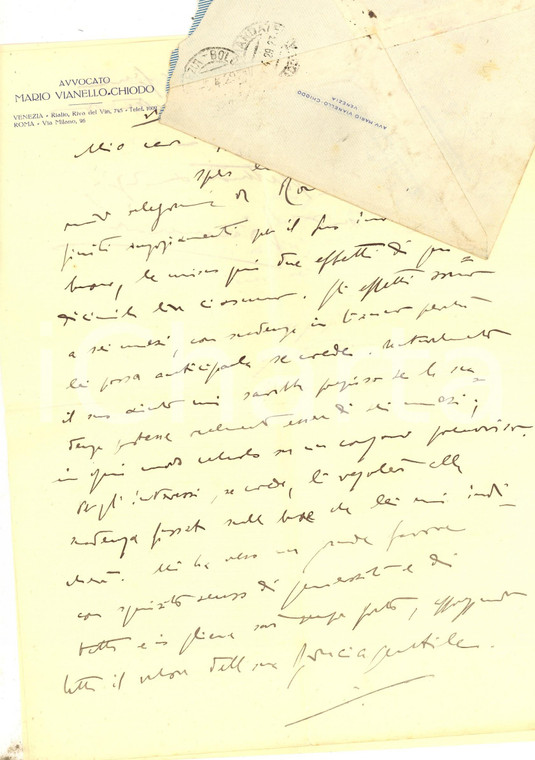 1928 PADOVA Lettera avv. Mario VIANELLO-CHIODO sull'invio di cambiali *Autografo 