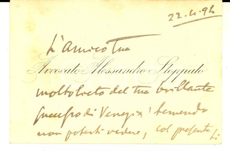 1894 PADOVA Avv. Alessandro STOPPATO *Biglietto da visita autografo 