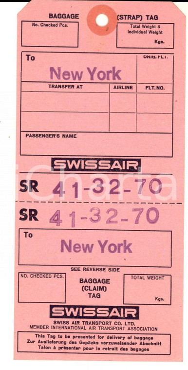 1970 SWISSAIR Etichetta bagagli NEW YORK *VINTAGE 