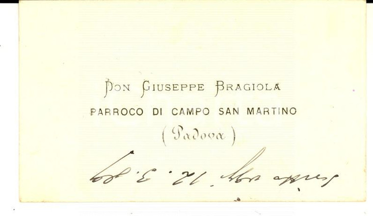 1889 PADOVA CAMPO SAN MARTINO Don Giuseppe BRAGIOLA parroco *Biglietto da visita