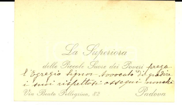1911 PADOVA Piccole Suore dei Poveri - Biglietto da visita della superiora 
