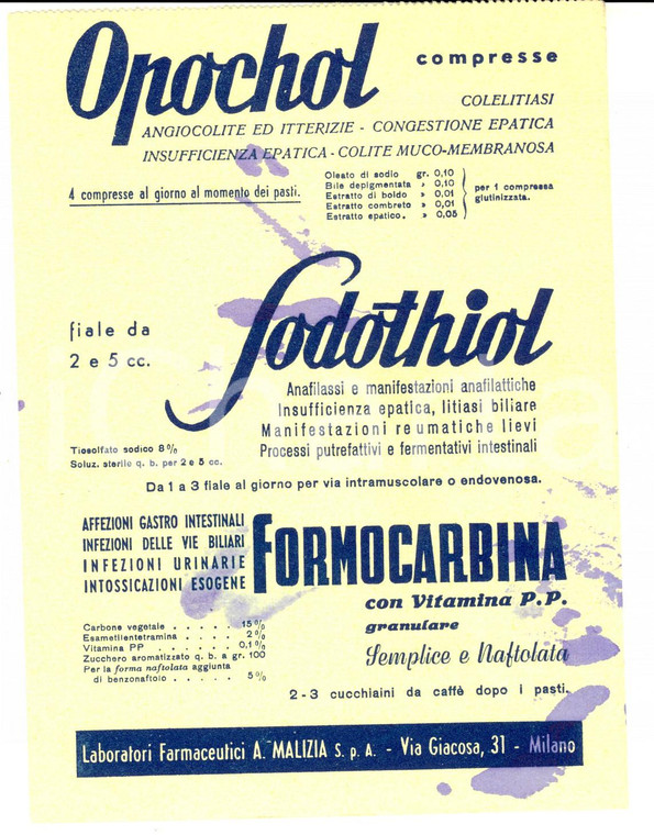 1960 ca MILANO Laboratori Farmaceutici MALIZIA Pubblicità su carta assorbente 