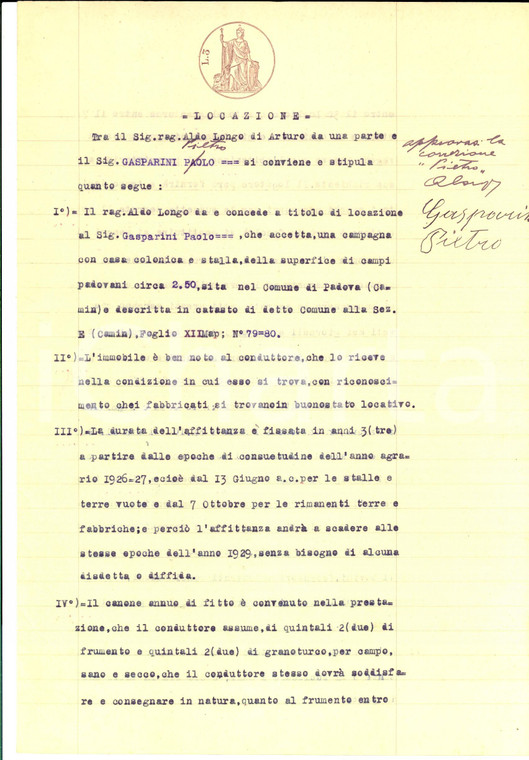 1926 PADOVA Contratto locazione Aldo LONGO - Paolo GASPARINI per casa colonica