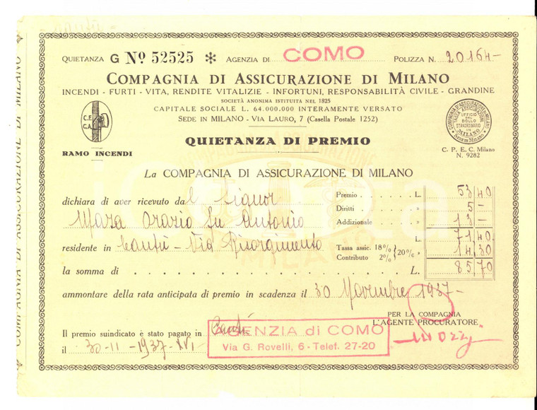 1937 COMO Compagnia di Assicurazione di Milano -  Quietanza di premio 