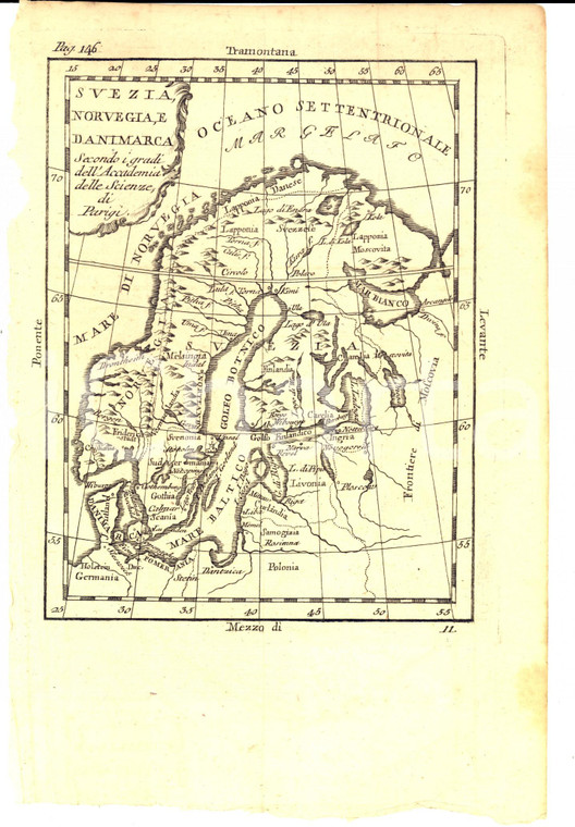 1790 ca Claudio BUFFIER Geografia - Svezia, Norvegia e Danimarca *Mappa 18x26 cm