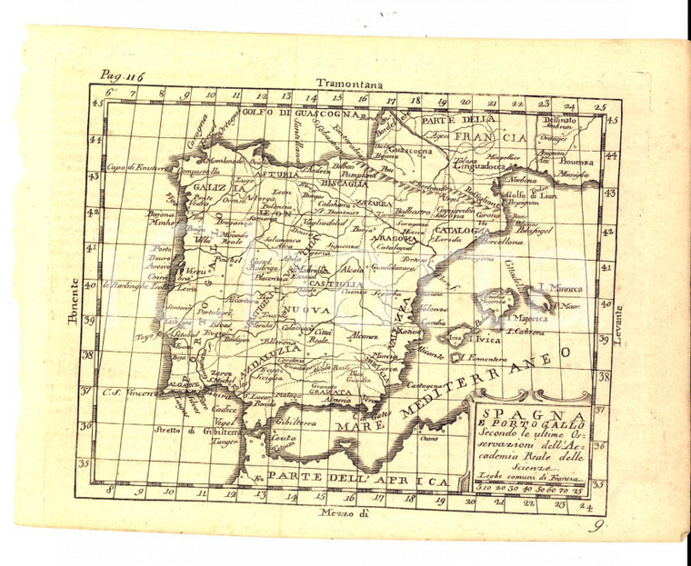1790 ca Claudio BUFFIER Geografia universale - Spagna e Portogallo *Mappa 22x17