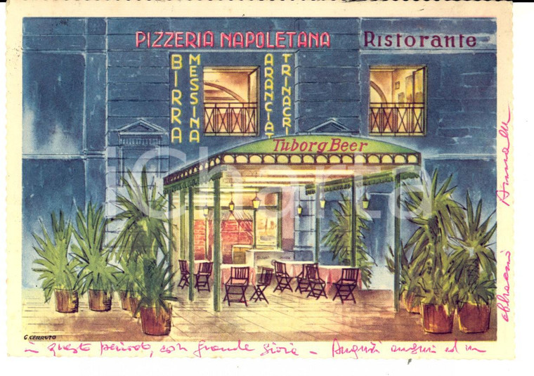 1967 PALERMO Piazza Bellini - Pizzeria STANCAMPIANO *Cartolina FG ill. CERRUTO