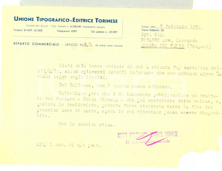 1951 TORINO UTET  Lettera commerciale su nuove pubblicazioni *Carta intestata