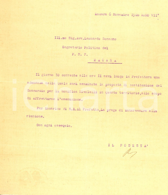 1928 MAZARA DEL VALLO Lettera podestà Vito RUBINO adunanza Bonifica NIVOLELLI