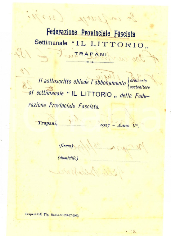 1927 TRAPANI Federazione Fascista - Modulo per abbonamento a "IL LITTORIO" 