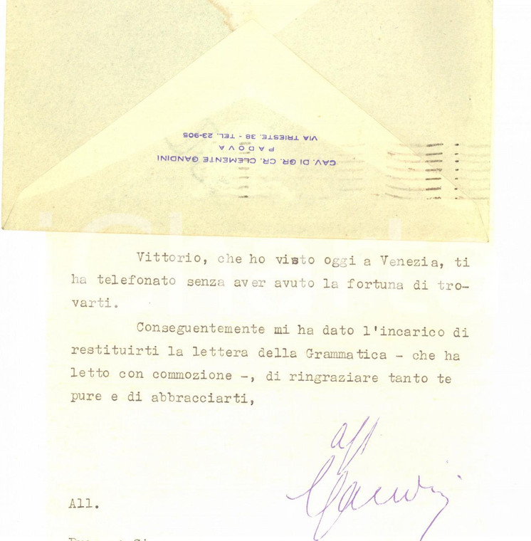 1949 PADOVA Avv. Clemente GANDINI restituisce una lettera a un amico *Autografo