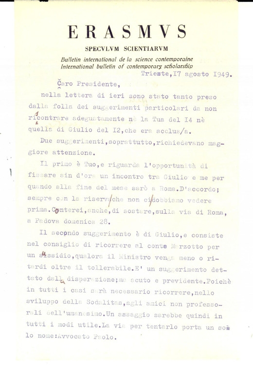 1949 TRIESTE Marino GENTILE pensa a sussidio per "Erasmus" *Autografo