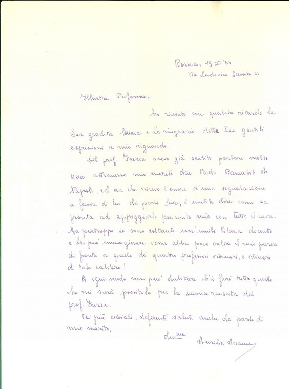 1964 ROMA Aurelia ACCAME BOBBIO promette aiuto a un collega *Autografo